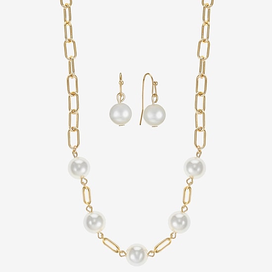 Liz Claiborne Gold Tone Collar Necklace And Drop Earring Womens White Simulated Pearl Round 2-pc. Jewelry Set