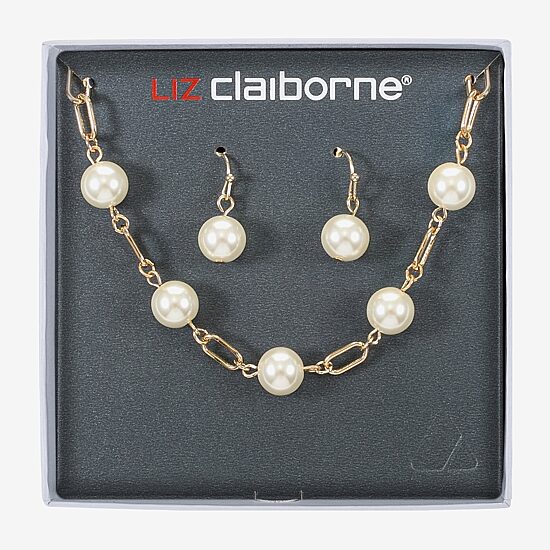 Liz Claiborne Gold Tone Collar Necklace And Drop Earring Womens White Simulated Pearl Round 2-pc. Jewelry Set