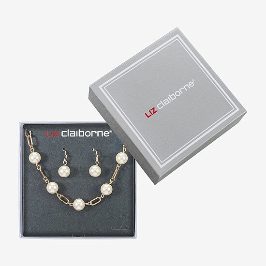 Liz Claiborne Gold Tone Collar Necklace And Drop Earring Womens White Simulated Pearl Round 2-pc. Jewelry Set