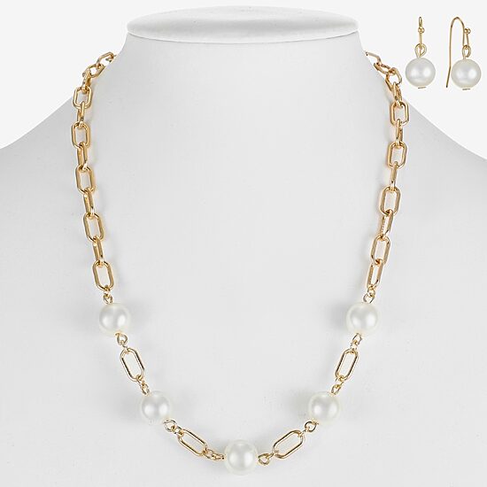 Liz Claiborne Gold Tone Collar Necklace And Drop Earring Womens White Simulated Pearl Round 2-pc. Jewelry Set