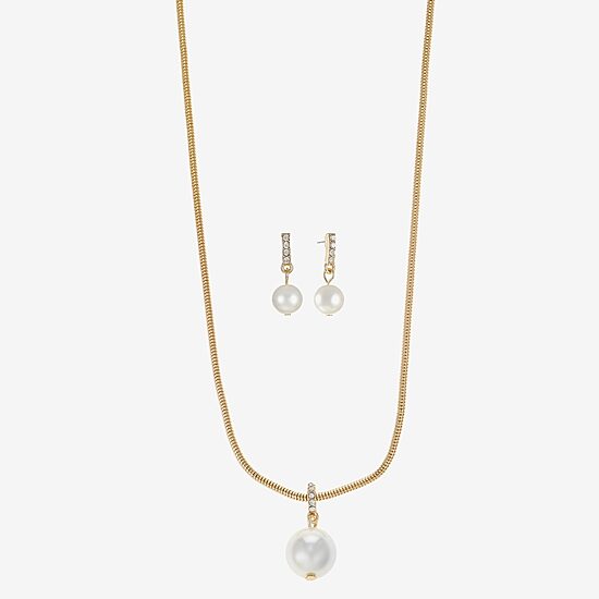 Liz Claiborne Gold Tone Pendant Necklace And Drop Earring Womens White Simulated Pearl Round Hypoallergenic 2-pc. Jewelry Set