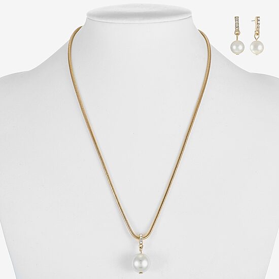 Liz Claiborne Gold Tone Pendant Necklace And Drop Earring Womens White Simulated Pearl Round Hypoallergenic 2-pc. Jewelry Set