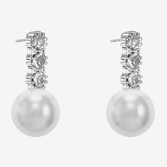 Monet Jewelry Timeless Silver Tone Womens Glass Simulated Pearl Hypoallergenic Drop Earrings