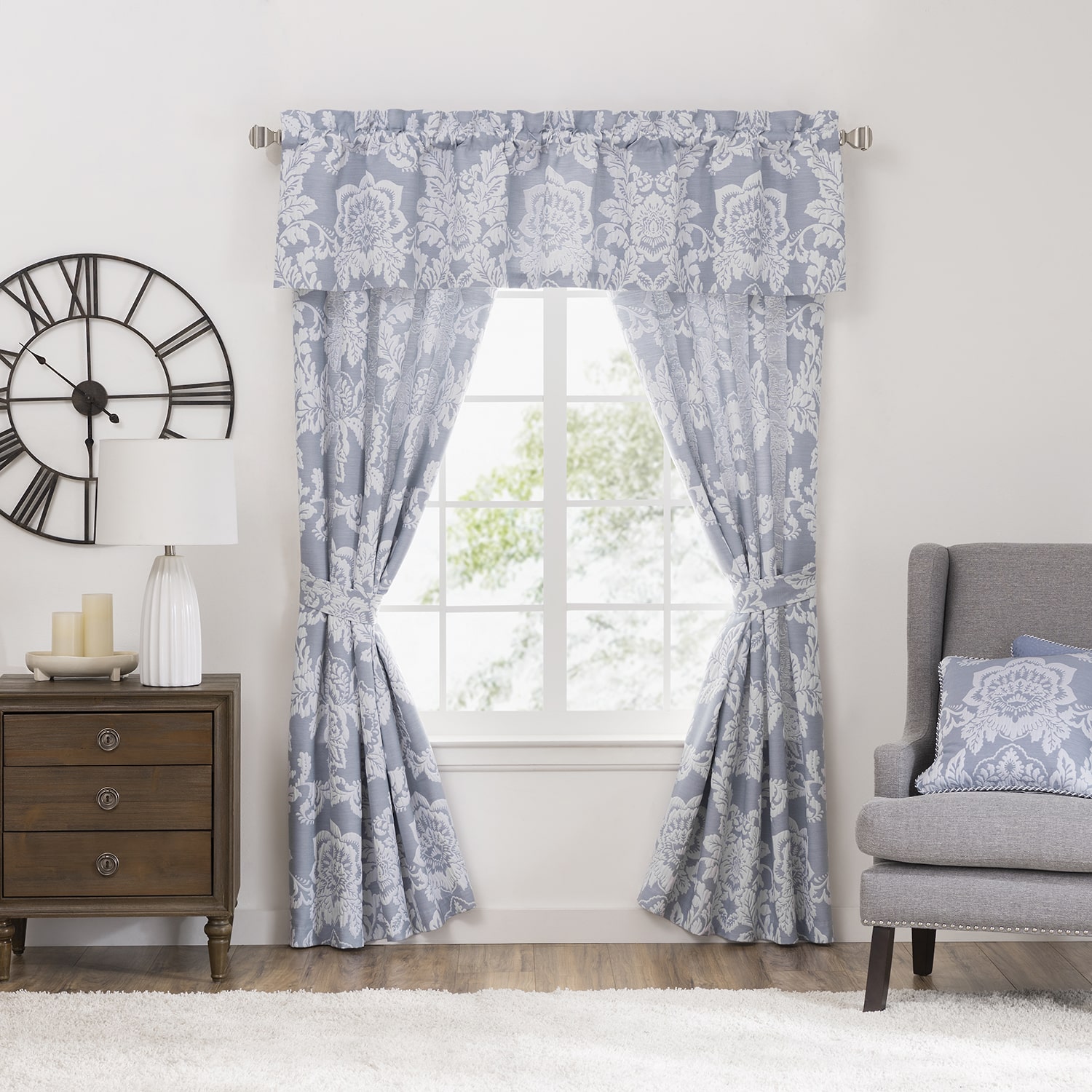 Rose Tree Damask Rod Pocket Light-Filtering Set of 2 Curtain Panel