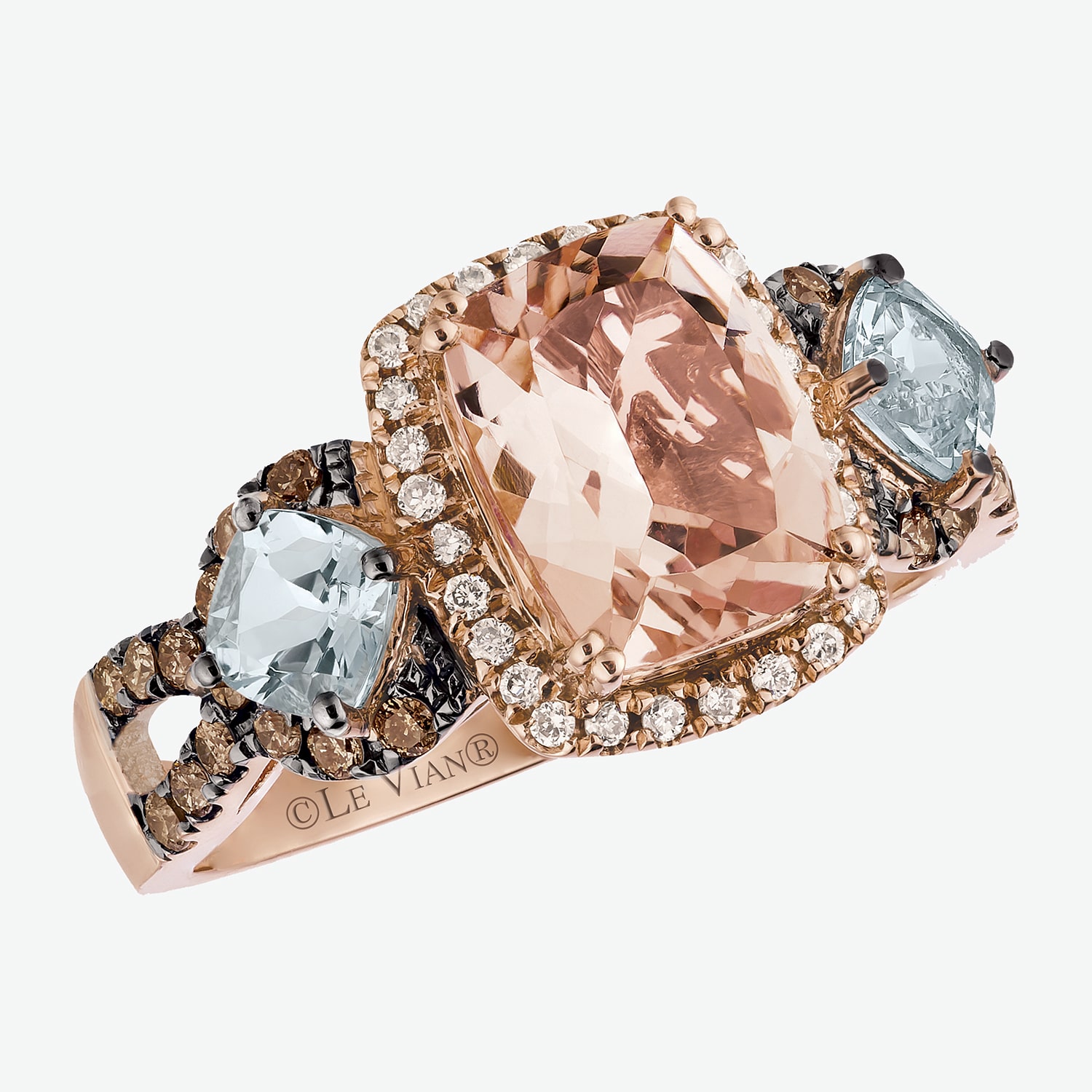 Le Vian® Grand Sample Sale™ Ring featuring 1  1/2 CT. Peach Morganite™ 1/2 CT. Sea Blue Aquamarine® 1/4 CT. Chocolate Diamonds® 1/10 CT. Vanilla Diamonds®  set in 14K Strawberry Gold®