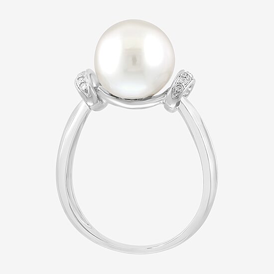 Effy Final Call Womens Diamond Accent 10MM White Cultured Freshwater Pearl Sterling Silver Cocktail Ring