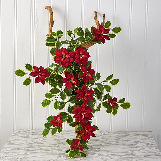 Nearly Natural 30in. Faux Poinsettia Holly Plant Red 2-pc. Christmas Tabletop Decor