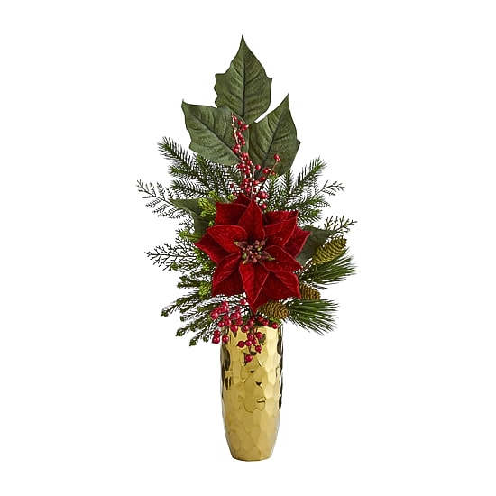 Nearly Natural Faux Poinsettia Berry Pine Pinecone Arrangement Christmas Tabletop Decor