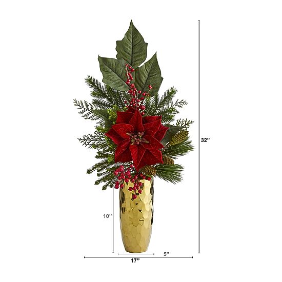 Nearly Natural Faux Poinsettia Berry Pine Pinecone Arrangement Christmas Tabletop Decor