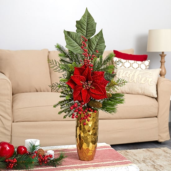 Nearly Natural Faux Poinsettia Berry Pine Pinecone Arrangement Christmas Tabletop Decor