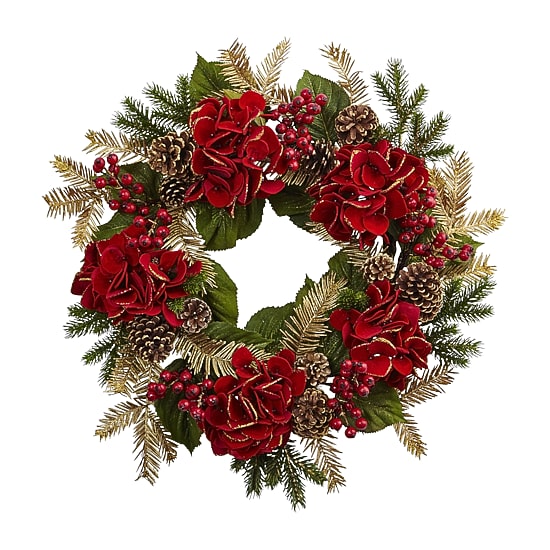 Nearly Natural 24in. Faux Hydrangea Pine Wreath