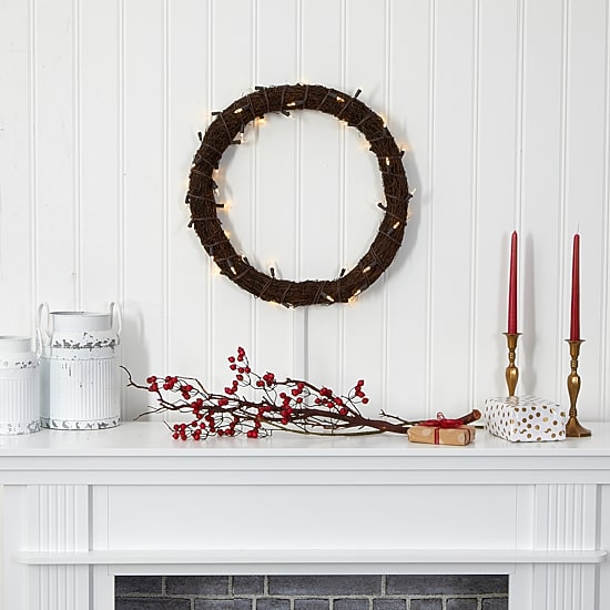 Nearly Natural 20in. Vine With White Warm Pre-Lit Wreath