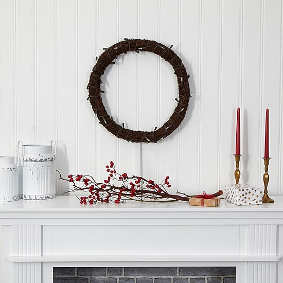Nearly Natural 20in. Vine With White Warm Pre-Lit Wreath