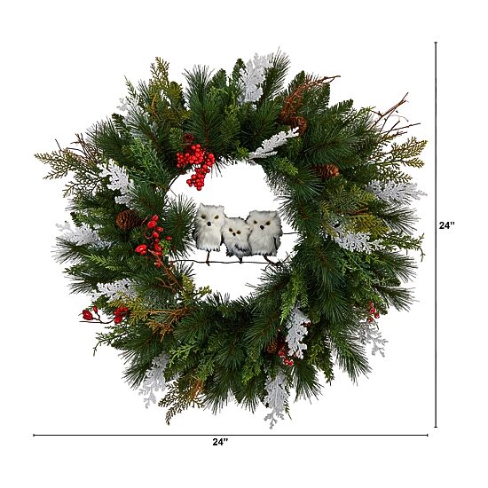 Nearly Natural 2' Winter Owl Pinecone Berry Faux Wreath