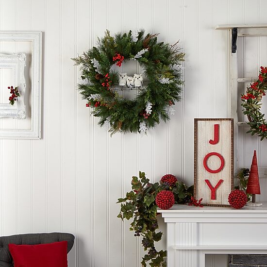 Nearly Natural 2' Winter Owl Pinecone Berry Faux Wreath