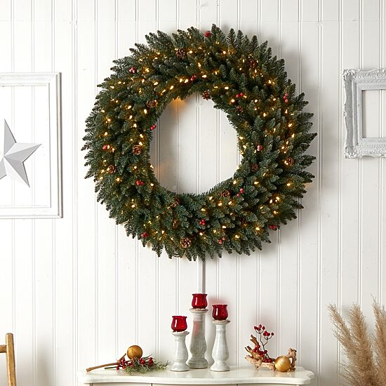 Nearly Natural 4ft. Large Flocked Faux Pre-Lit Wreath