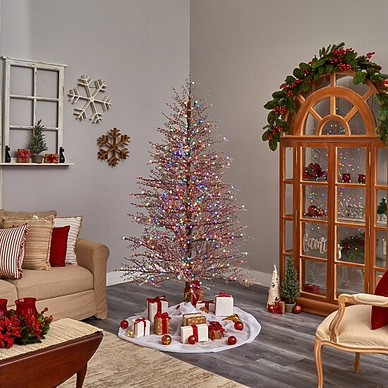 Nearly Natural Frosted Berry Twig Faux 7 Foot Pre-Lit Christmas Tree