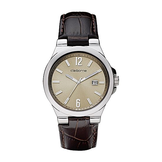 Claiborne Mens Brown Leather Strap Watch