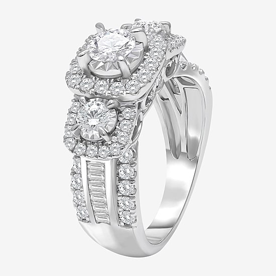 (I / I1) Love Lives Forever Womens 2 CT. T.W. Lab Grown White Diamond 10K or 14K White Gold Cushion Side Stone 3-Stone Engagement Ring