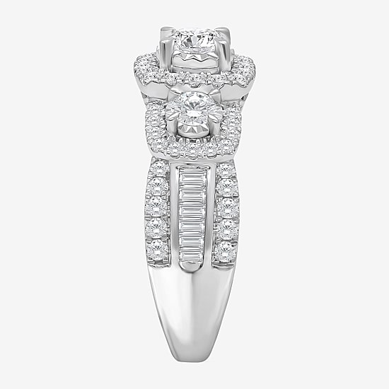 (I / I1) Love Lives Forever Womens 2 CT. T.W. Lab Grown White Diamond 10K or 14K White Gold Cushion Side Stone 3-Stone Engagement Ring