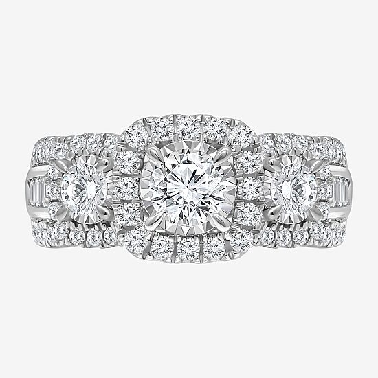 (I / I1) Love Lives Forever Womens 2 CT. T.W. Lab Grown White Diamond 10K or 14K White Gold Cushion Side Stone 3-Stone Engagement Ring
