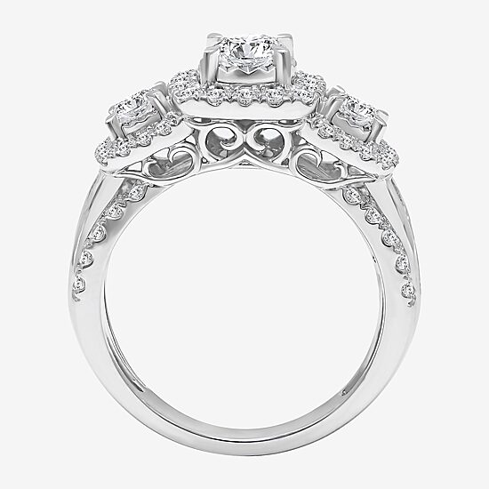 (I / I1) Love Lives Forever Womens 2 CT. T.W. Lab Grown White Diamond 10K or 14K White Gold Cushion Side Stone 3-Stone Engagement Ring