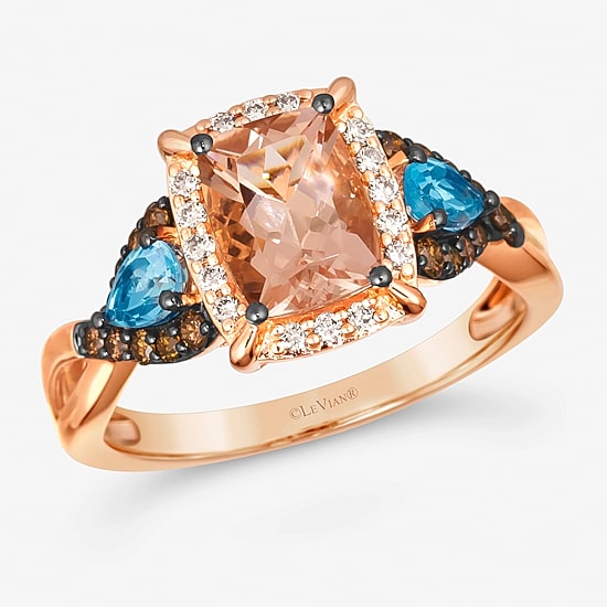 Le Vian® Ring featuring 1 CT. Peach Morganite™ 1/3 CT. Sea Blue Aquamarine® 1/5 CT. Chocolate Diamonds® 1/10 CT. Nude Diamonds™ set in 14K Strawberry Gold®