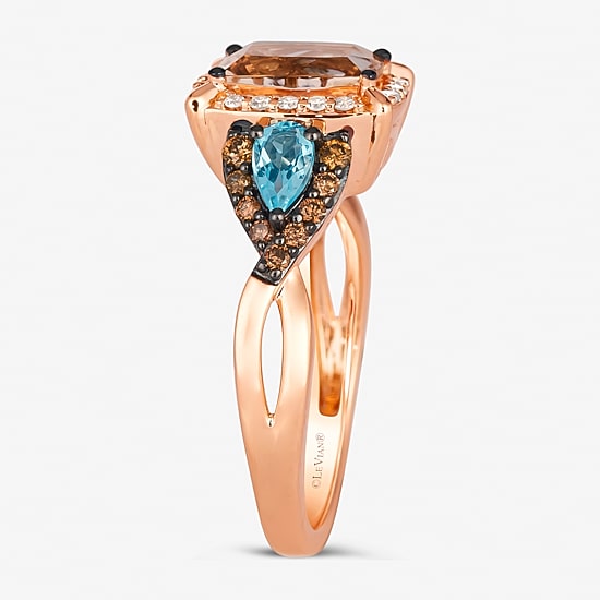 Le Vian® Ring featuring 1 CT. Peach Morganite™ 1/3 CT. Sea Blue Aquamarine® 1/5 CT. Chocolate Diamonds® 1/10 CT. Nude Diamonds™ set in 14K Strawberry Gold®