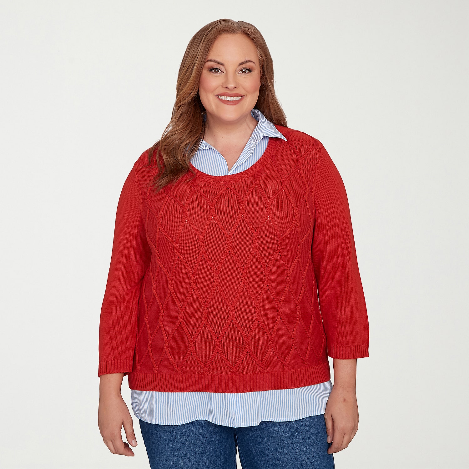 Alfred Dunner Sunset Canyon Womens Round Neck 3/4 Sleeve Layered Sweater Plus