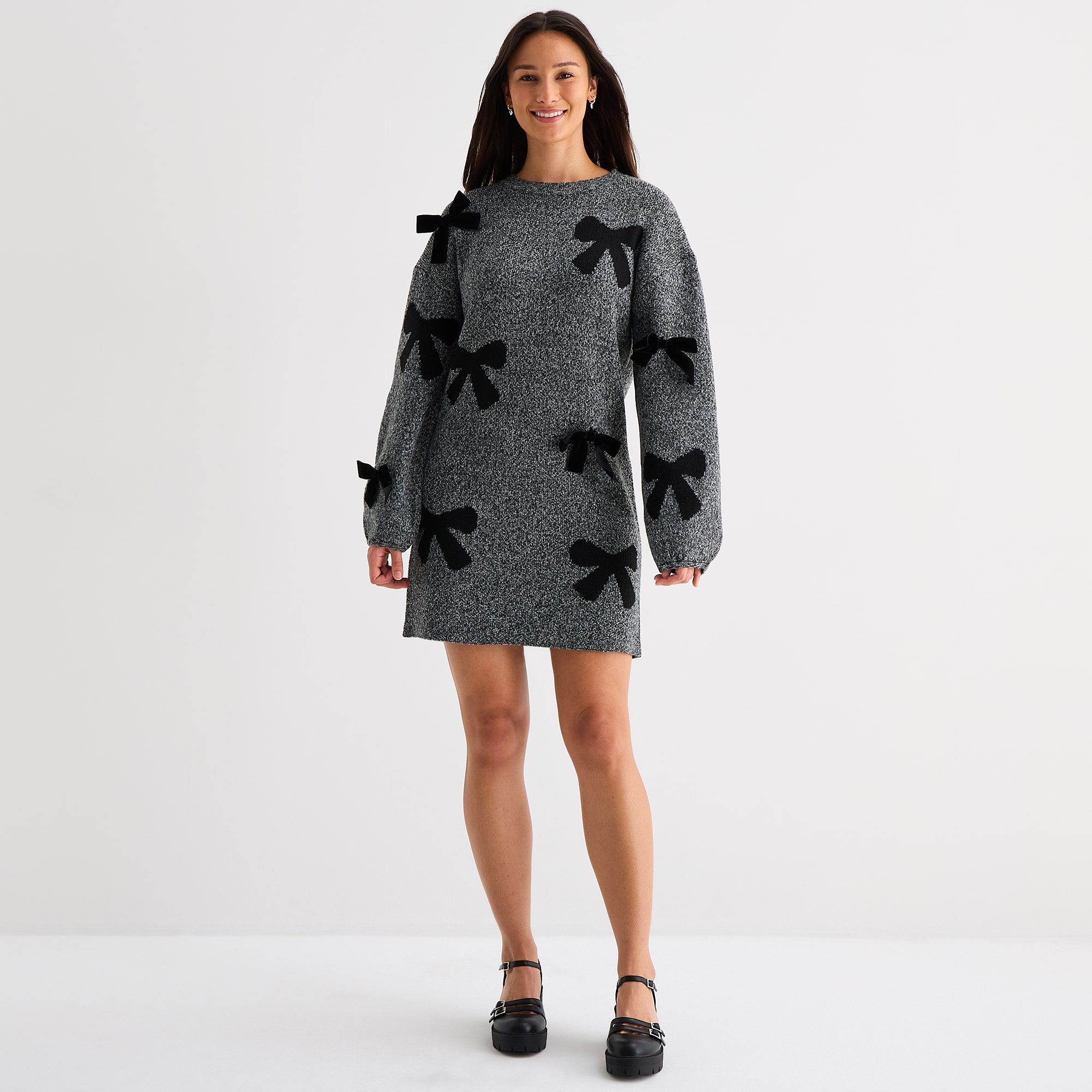by&by Womens Juniors Long Sleeve Bows Sweater Dress