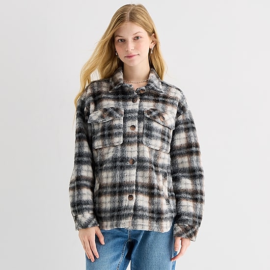 Arizona Shacket Womens Juniors Faux Fur Midweight Shirt Jacket