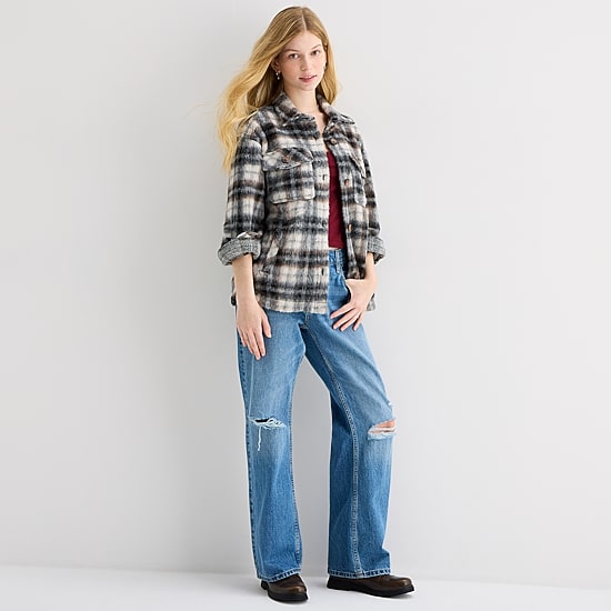 Arizona Shacket Womens Juniors Faux Fur Midweight Shirt Jacket