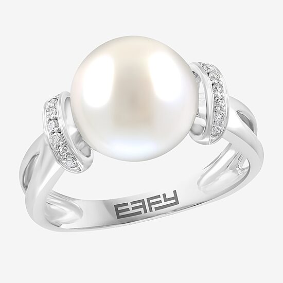 Effy Final Call Womens Diamond Accent 10MM White Cultured Freshwater Pearl Sterling Silver Cocktail Ring