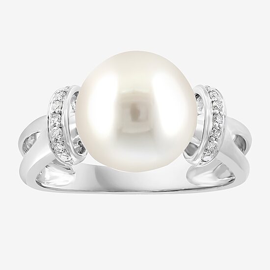 Effy Final Call Womens Diamond Accent 10MM White Cultured Freshwater Pearl Sterling Silver Cocktail Ring