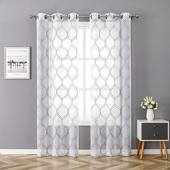 Regal Home Layla Matte Grommet Top Embroidered Sheer Set of 2 Curtain Panel