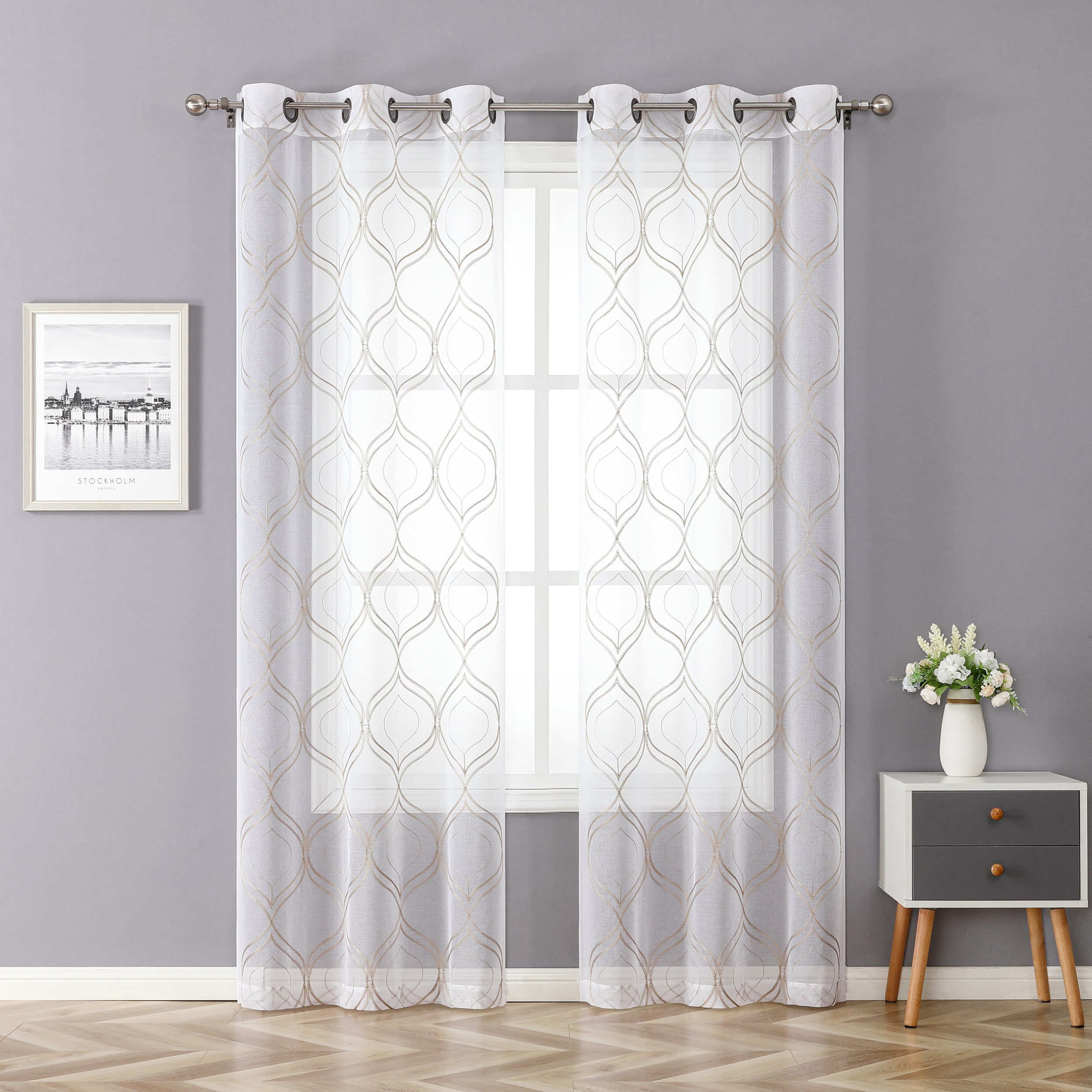 Regal Home Layla Matte Grommet Top Embroidered Sheer Set of 2 Curtain Panel