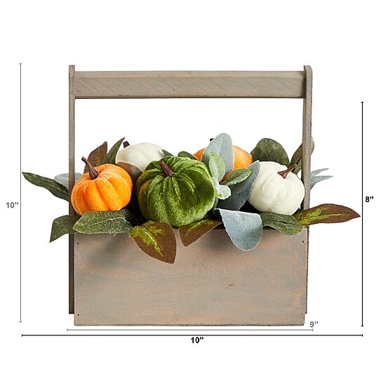 Nearly Natural 10" Fall Pumpkin In Wood Basket Floral Arrangement