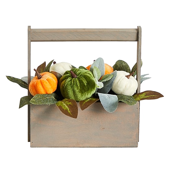 Nearly Natural 10" Fall Pumpkin In Wood Basket Floral Arrangement