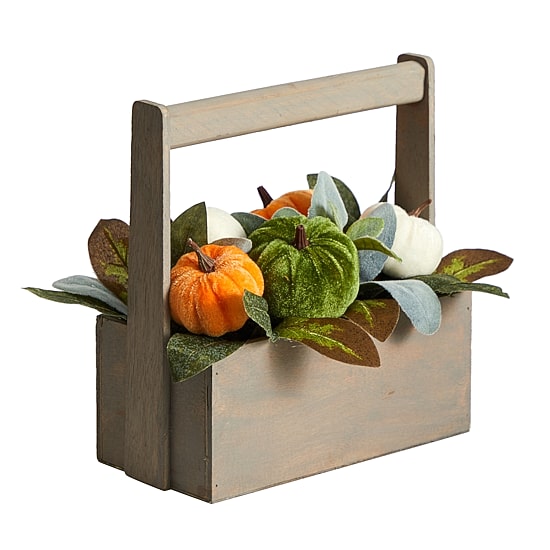 Nearly Natural 10" Fall Pumpkin In Wood Basket Floral Arrangement