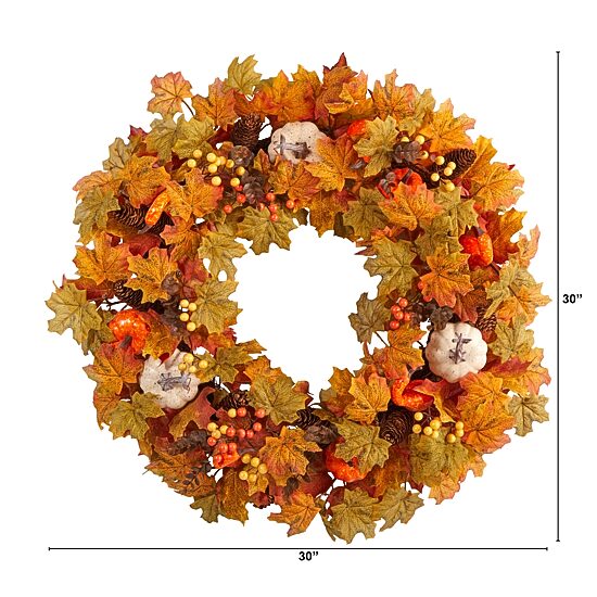 Nearly Natural 30" Pumpkin And Maple Leaf Faux Wreath