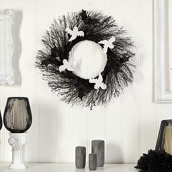 Nearly Natural "22"" Halloween Ghost Bats Twig" Wreath