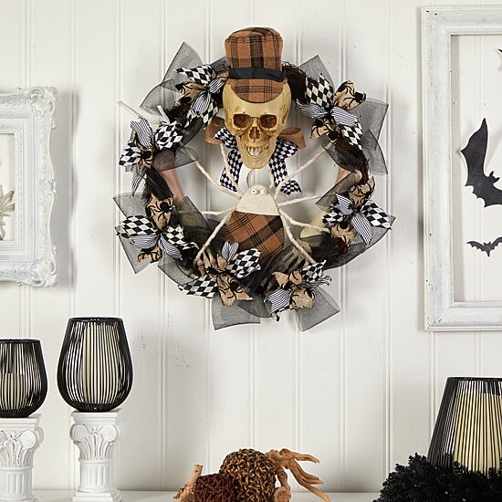 Nearly Natural 24" Halloween Skull In Mesh Wreath