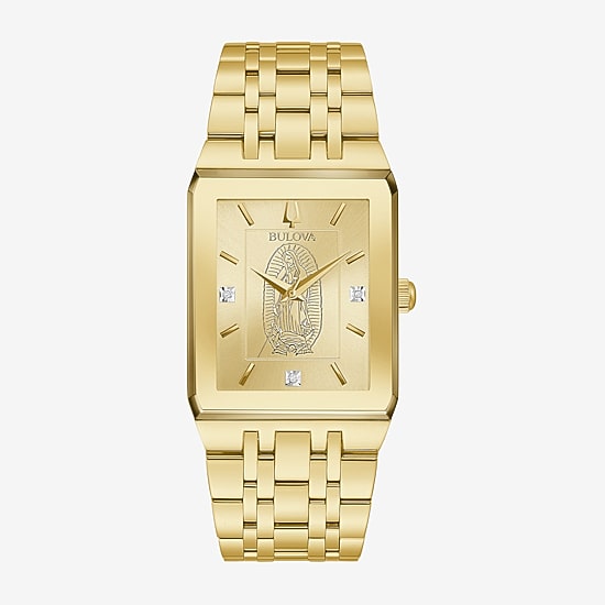 Bulova Our Lady Of Guadalupe / Nuestra Señora De Guadalupe Mens Diamond Accent Gold Tone Stainless Steel Bracelet Watch 97d120lg