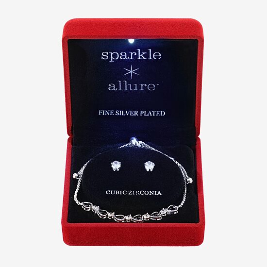 Sparkle Allure Light Up Box Womens Cubic Zirconia Pure Silver Over Brass Heart 2-pc. Jewelry Set