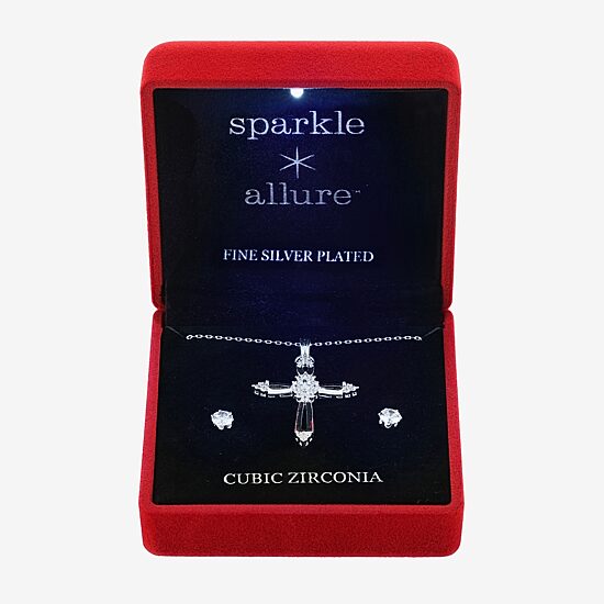 Sparkle Allure Light Up Box Womens Cubic Zirconia Pure Silver Over Brass Cross 2-pc. Jewelry Set