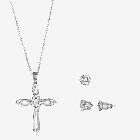 Sparkle Allure Light Up Box Womens Cubic Zirconia Pure Silver Over Brass Cross 2-pc. Jewelry Set