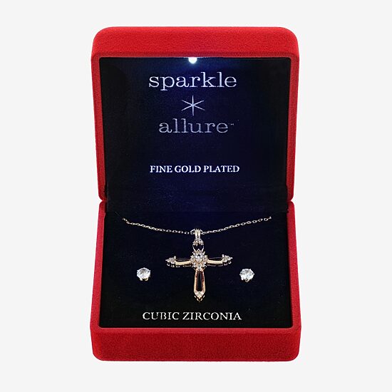Sparkle Allure Light Up Box Womens Cubic Zirconia 14K Gold Over Brass Cross 2-pc. Jewelry Set
