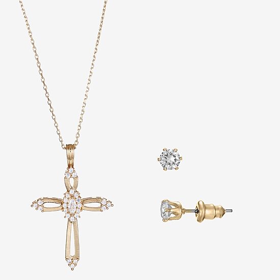 Sparkle Allure Light Up Box Womens Cubic Zirconia 14K Gold Over Brass Cross 2-pc. Jewelry Set