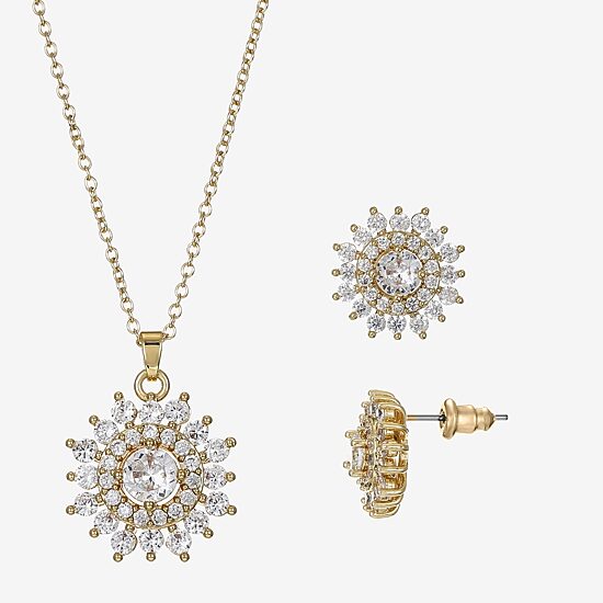 Sparkle Allure Light Up Box Womens Cubic Zirconia 14K Gold Over Brass Round Sunburst 2-pc. Jewelry Set
