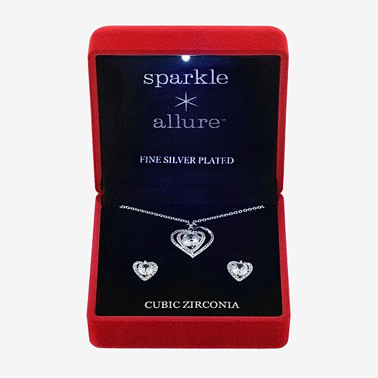 Sparkle Allure Light Up Box Halo Womens Cubic Zirconia Pure Silver Over Brass Heart 2-pc. Jewelry Set